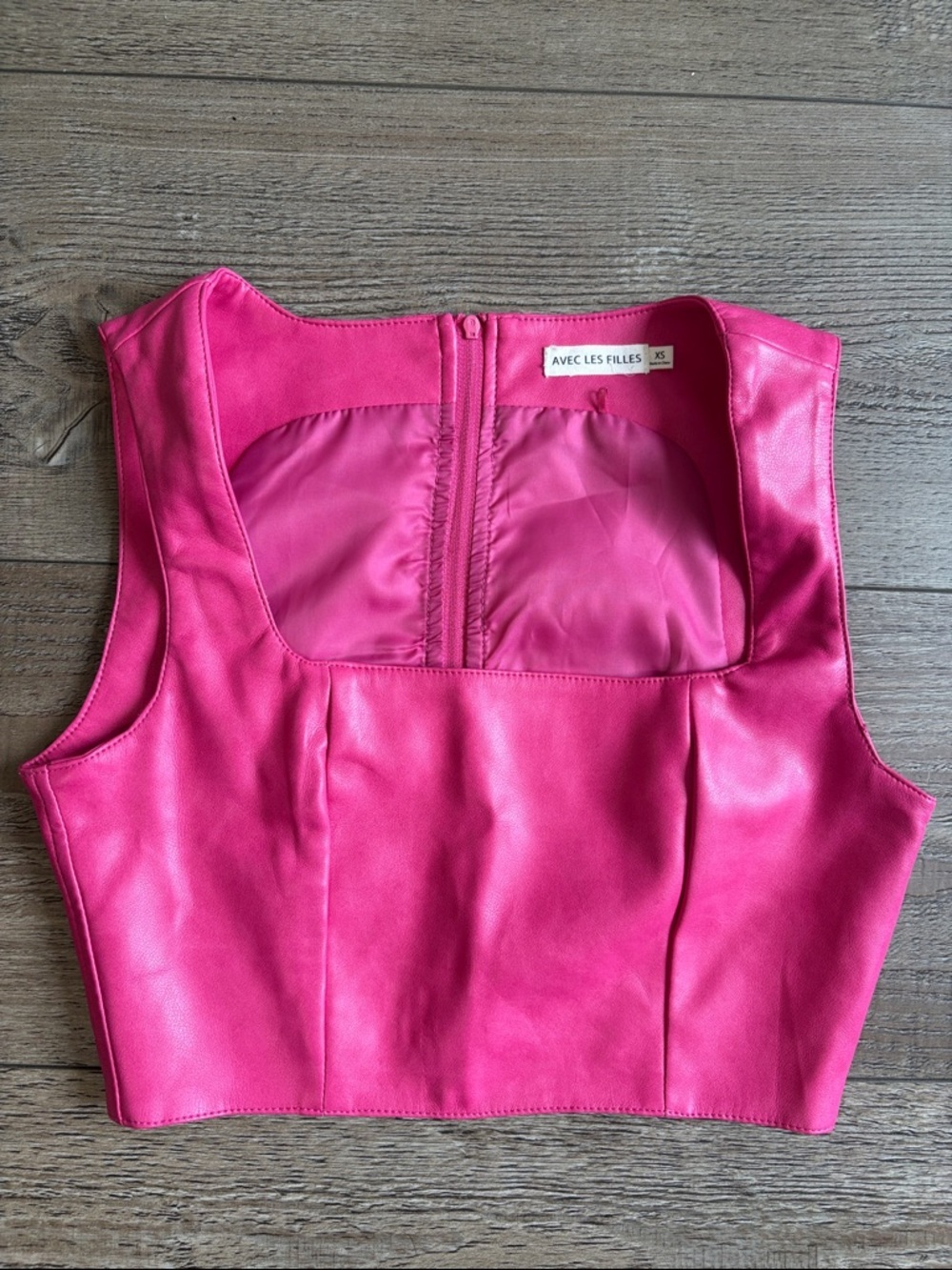 Avec Les Filles Hot Pink Vegan Faux Leather Cropped Tank Zips up the Back